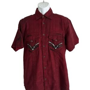 Affliction Black Premium Mens Shirt Slim LIVE FAST Maroon‎ Embroidered Button L